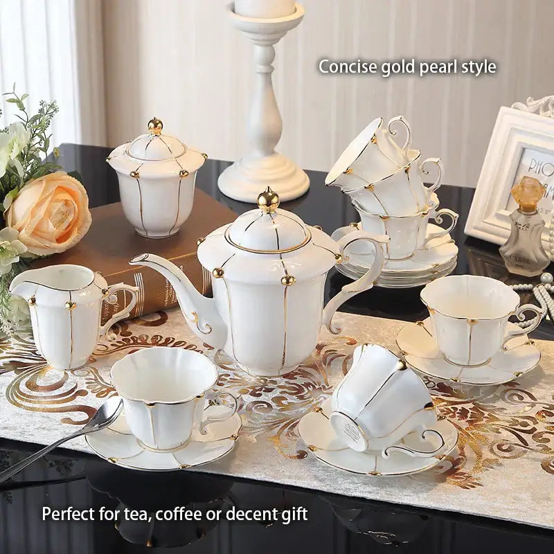 Elegant bone china tea set in white with gold pearl trim and matching saucers for dining room decorbites elegant bone