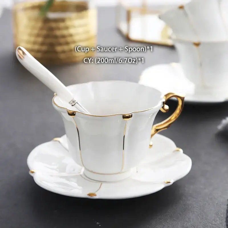 White porcelain bone china teacup and saucer with gold trim and elegant floral design for decorbites elegant bone china set