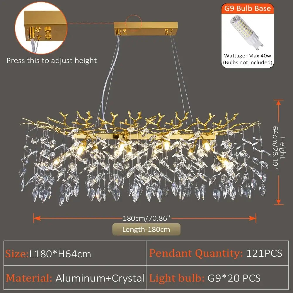 Elegant gold-toned pendant light with branching aluminum frame and cascading clear crystals for dining room decorbites crystal suspension