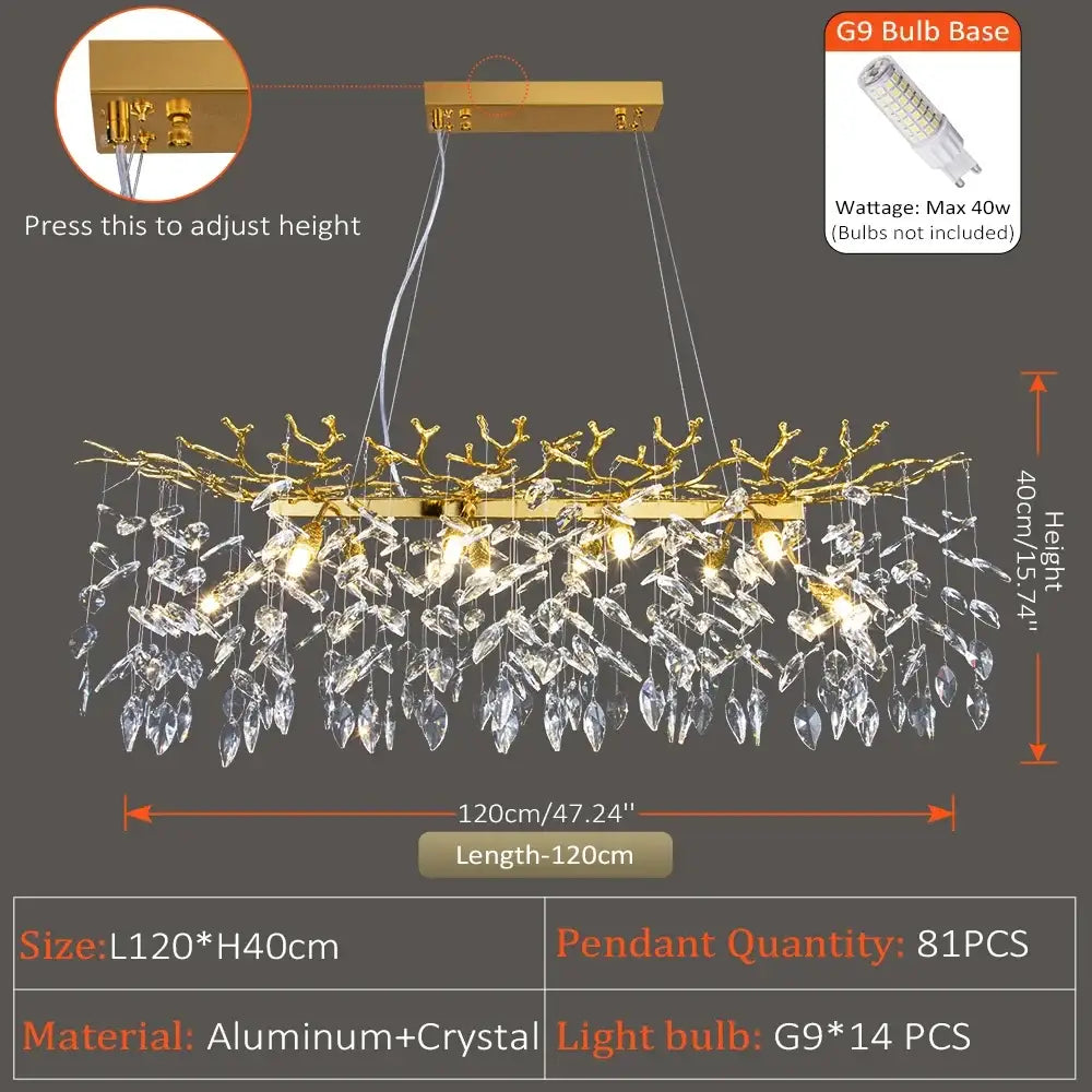 Elegant gold-toned pendant light with branch-like aluminum frame and decorbites crystal suspension for dining room decor