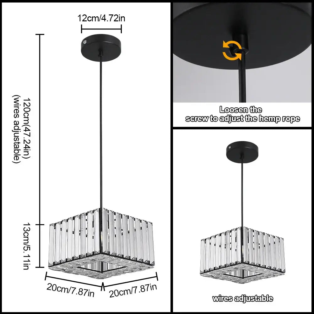 Elegant brass and crystal led pendant light with clear crystal rectangular chandelier and adjustable black metal wires for dining room decorbites crystal led