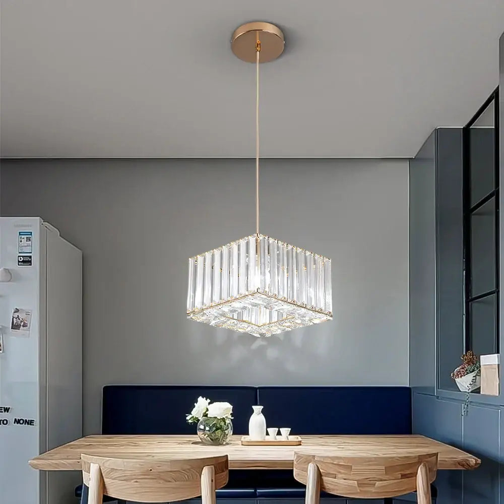 A modern hexagonal crystal led pendant light with brass accents for dining room decorbites crystal led pendant