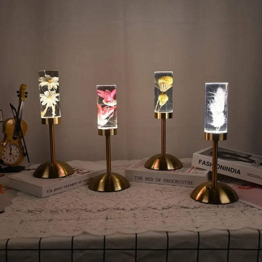 Four elegant brass decorbites eternal flower desk lamps with clear glass and glowing preserved flowers for bedroom nightlight