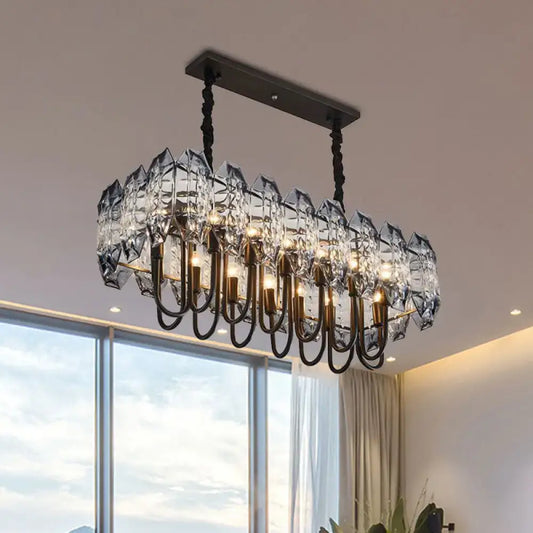 Elegant DecorBites™ 14-head crystal flute hanging ceiling light with faceted crystals and swirled black island lighting idea