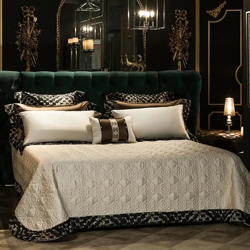 Cream-colored quilted bedspread with black and silver geometric border in elegant brown and cream 200s embroidery egyptian cotton bedding set