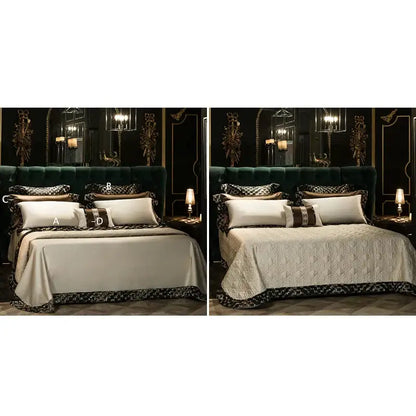 Luxurious cream quilted bedding set with intricate black and gold trim made from 200s embroidery egyptian cotton