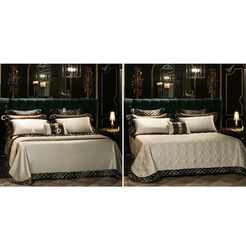 Luxurious cream quilted bedding set with intricate black and gold trim made from 200s embroidery egyptian cotton