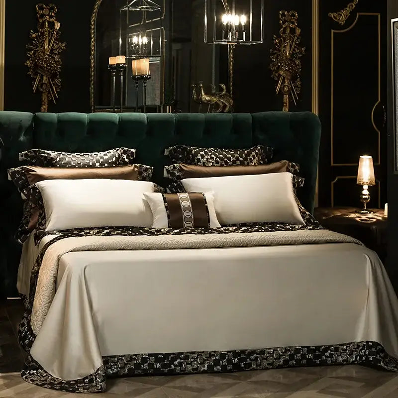 Luxurious emerald green tufted velvet headboard with ornate gold accents complements elegant brown cream 200s embroidery egyptian cotton bedding set bedroom