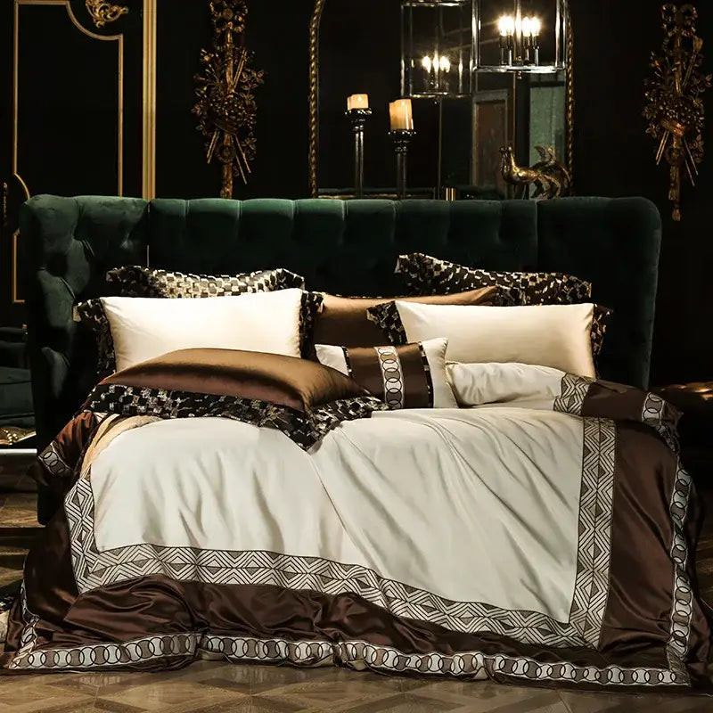 Elegant brown and cream satin egyptian cotton bedding set with geometric trim featuring 200s embroidery design