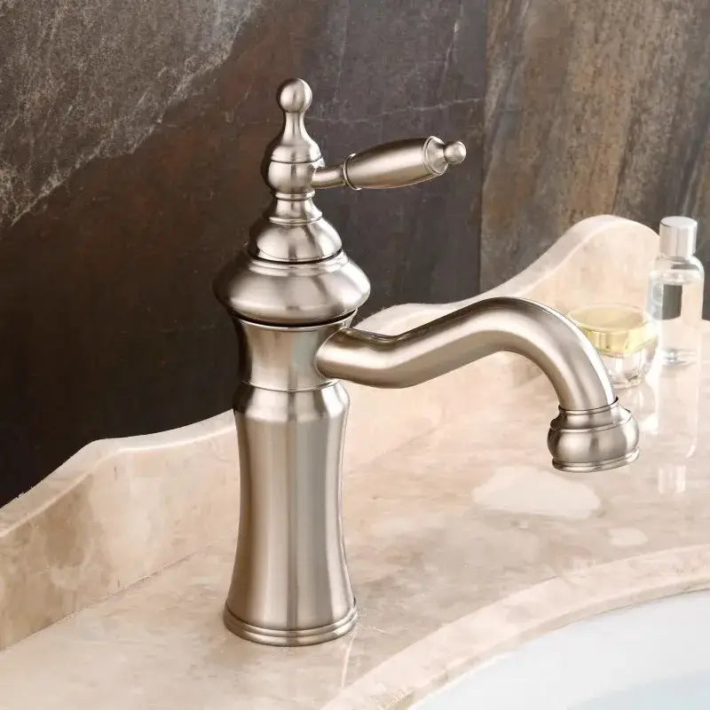 Elegant brushed nickel basin faucet with single-handle, classic ornate design, and curved swivel spout by decorbites brushed nickel
