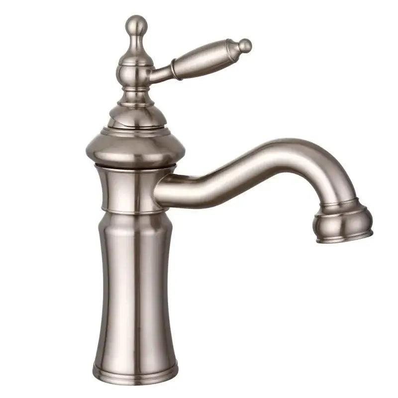 Elegant antique brass finish basin faucet with single ornate handle and curved spout for decorbites brushed nickel collection