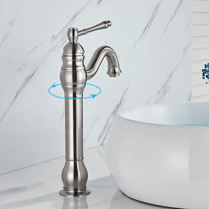 Stylish brushed nickel single handle sink faucet with curved spout and ridged body for bathroom use