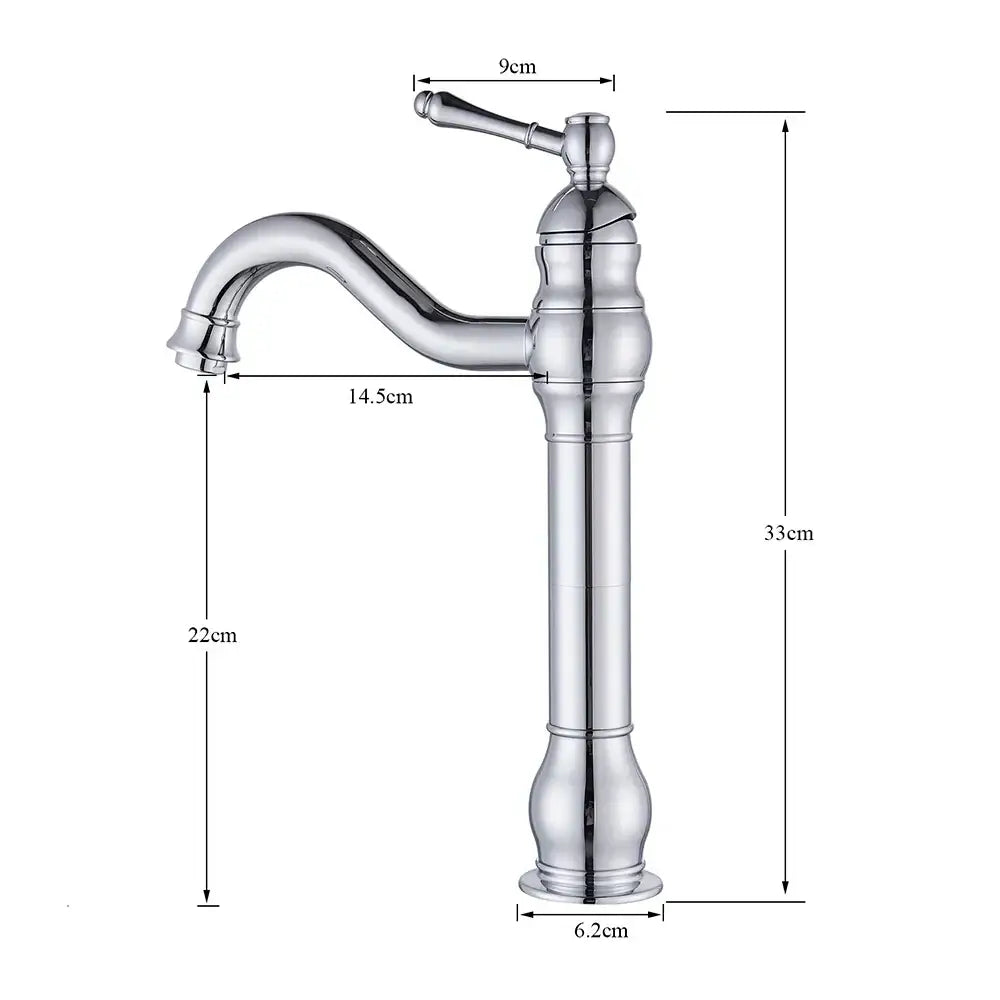 Elegant chrome-finished vintage single handle sink faucet with curved spout and ornate detailing for bathroom use