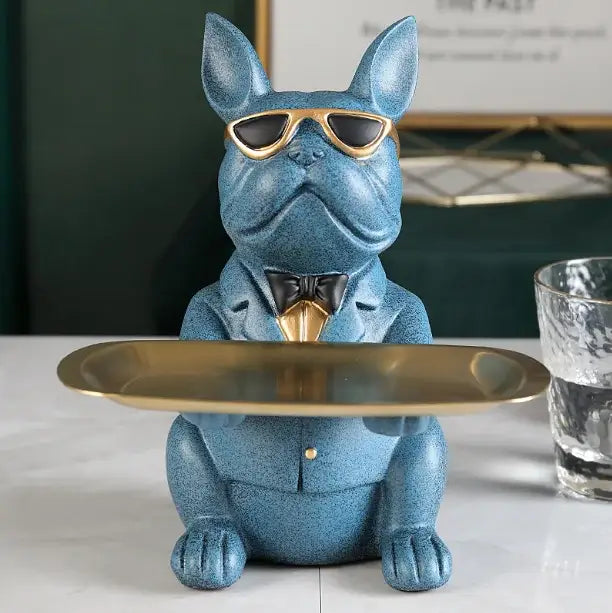 Elegant blue french bulldog figurine coin bank with gold-rimmed sunglasses and black bow tie for home decor and serving tray