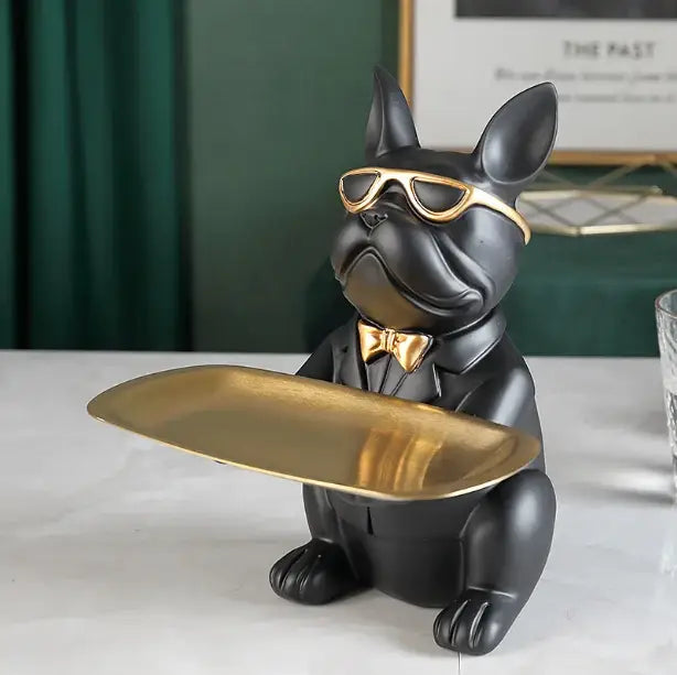 Elegant black bulldog figurine coin bank with gold sunglasses bow tie holding a golden tray for home decor