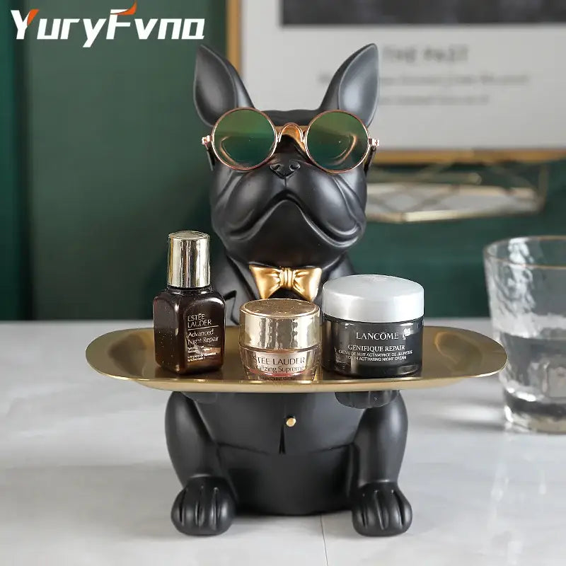 Black matte bulldog figurine coin bank with gold tray wearing green sunglasses and bow tie for home decor