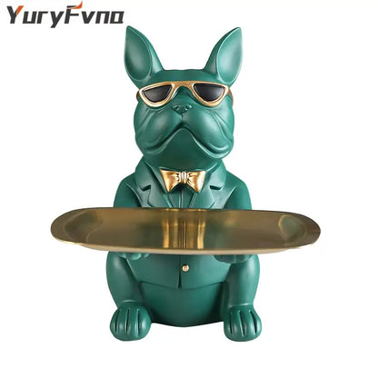 Teal bulldog figurine coin bank with gold sunglasses bow tie and brass tray for elegant home decor and serving