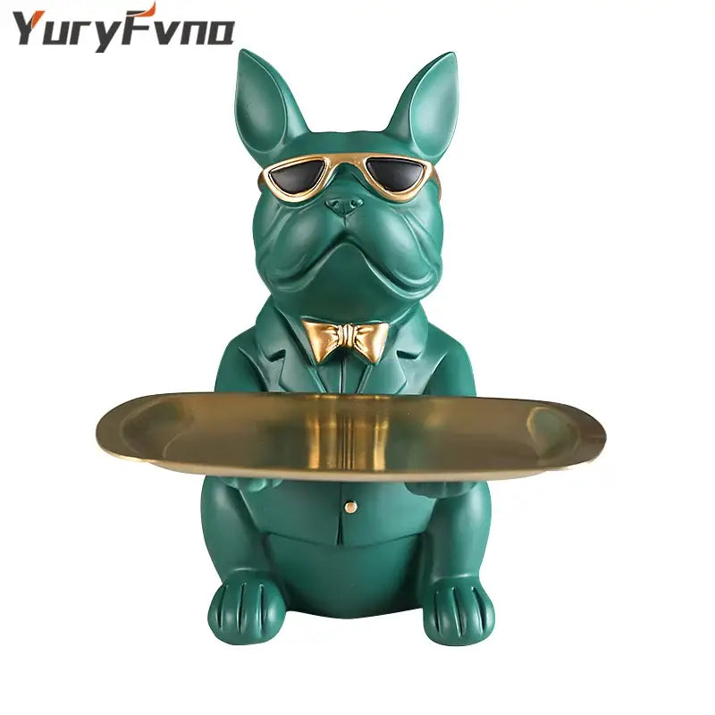 Teal bulldog figurine coin bank with gold sunglasses bow tie and brass tray for elegant home decor and serving