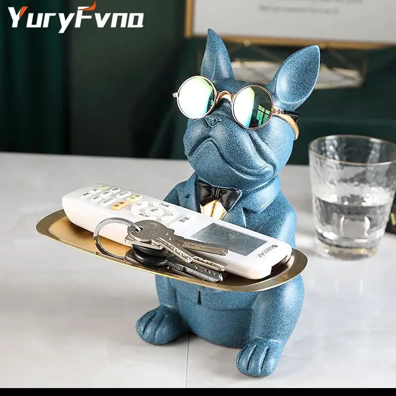 Elegant blue textured bulldog figurine coin bank with round sunglasses and bow tie serving as home decor tray