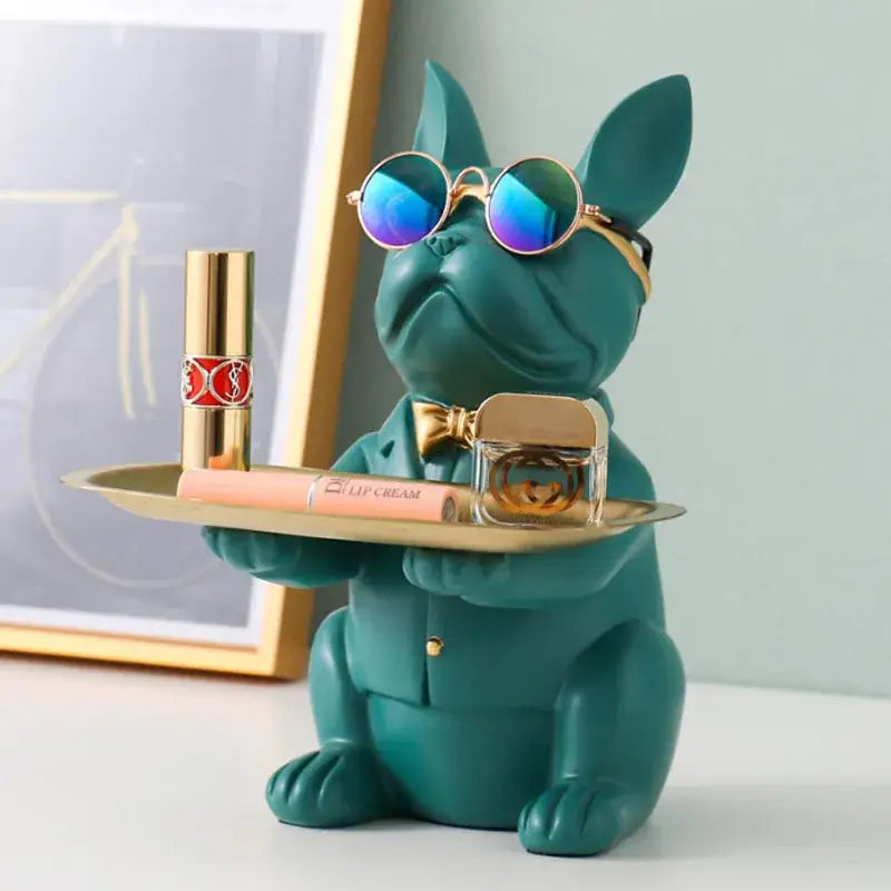 Teal bulldog figurine coin bank with gold bow tie and mirrored sunglasses serving tray for elegant home decor
