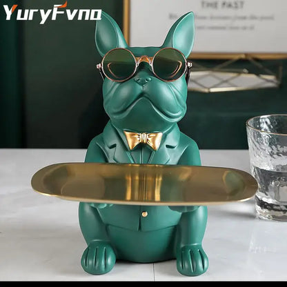 Teal bulldog figurine coin bank with gold-rimmed sunglasses and bow tie serving tray for elegant home decor