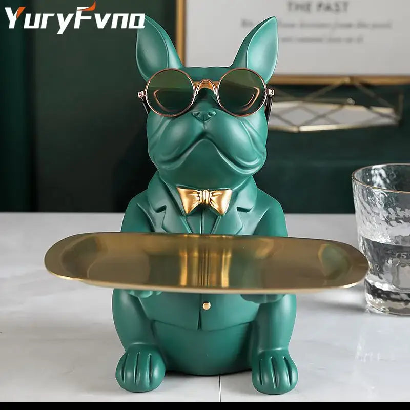 Teal bulldog figurine coin bank with gold-rimmed sunglasses and bow tie serving tray for elegant home decor
