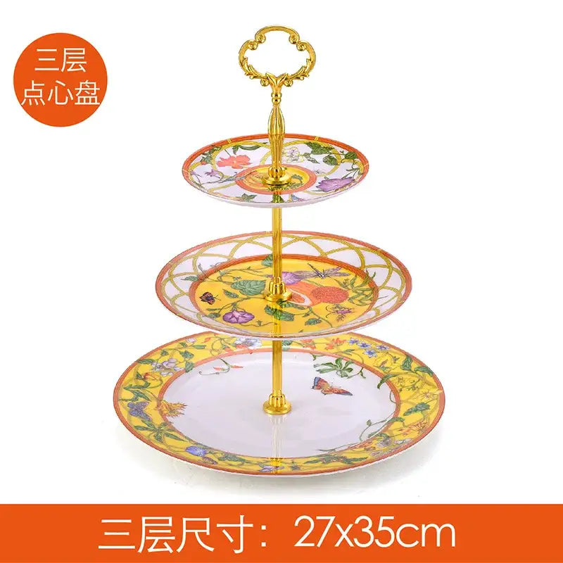 Elegant butterfly kitchen tableware three-tiered yellow porcelain dessert stand with gold handle and floral design