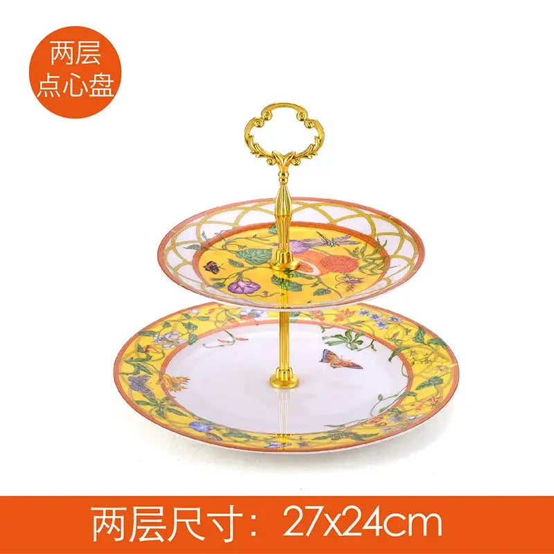 Elegant two-tiered butterfly kitchen tableware stand with ornate gold handle and vibrant yellow floral porcelain plates