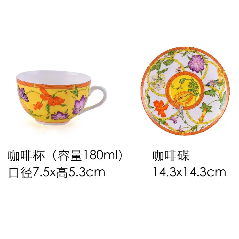 Vibrant yellow porcelain coffee cup with purple and orange floral patterns in butterfly kitchen tableware set
