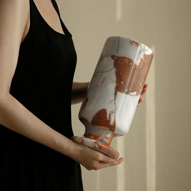 Elegant calacatta red marble vase with swirling white and warm brown patterns for living room decorbites ceramic decor