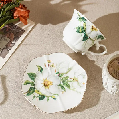 Elegant camellia porcelain cup and saucer in white with gold trim and floral design for decorbites camellia porcelain set