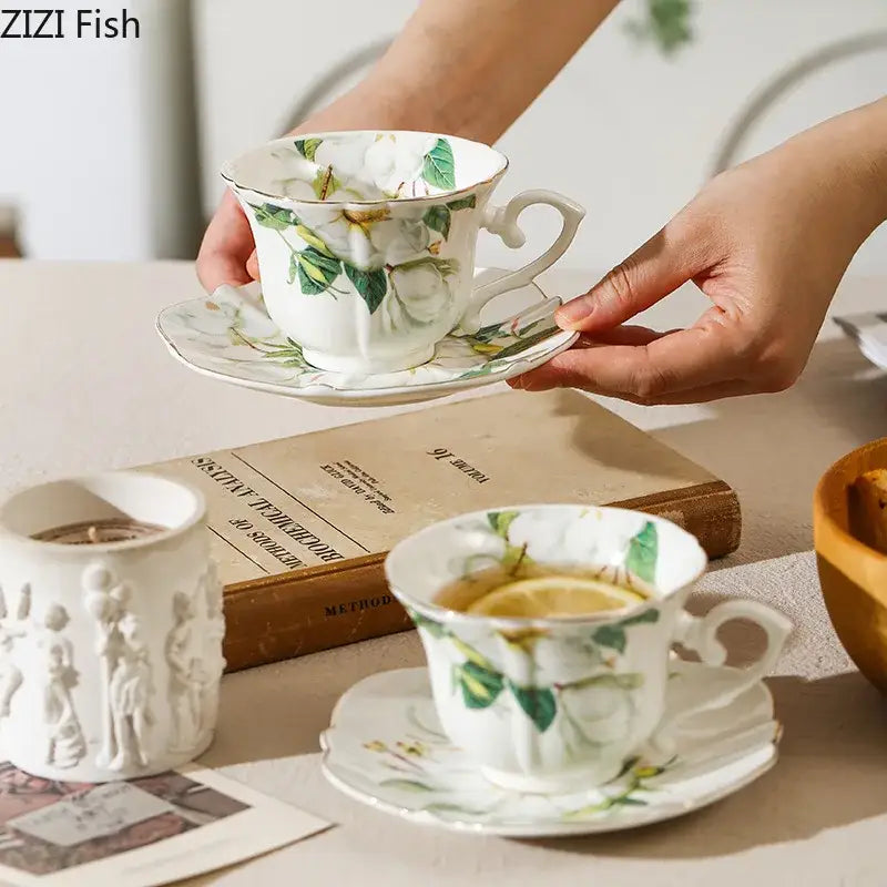 Elegant camellia porcelain cup and saucer with delicate green floral design and ornate handle by decorbites camellia porcelain