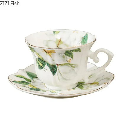 Elegant decorbites camellia porcelain cup and saucer with scalloped rim and hand-painted green leaves and white flowers