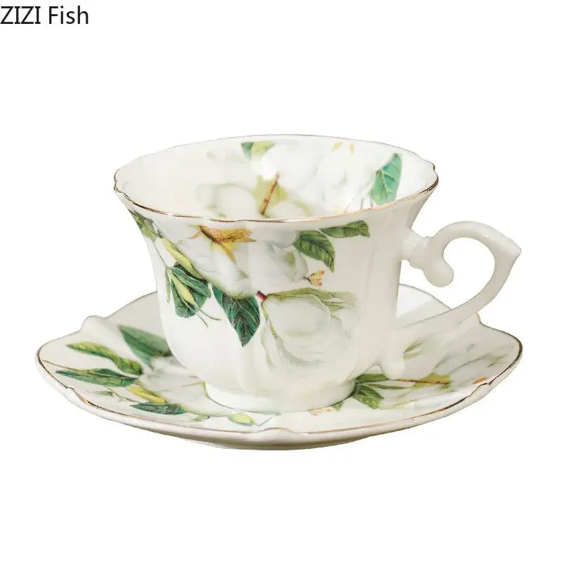 Elegant decorbites camellia porcelain cup and saucer with scalloped rim and hand-painted green leaves and white flowers