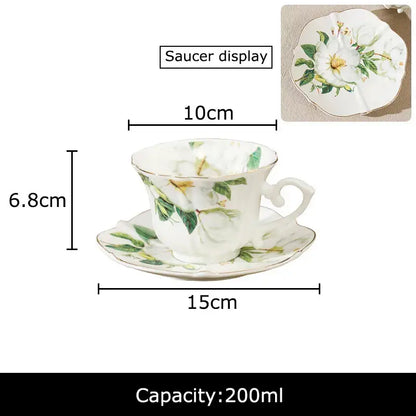 Elegant camellia porcelain cup and saucer set with white roses gold rim made of decorbites camellia porcelain
