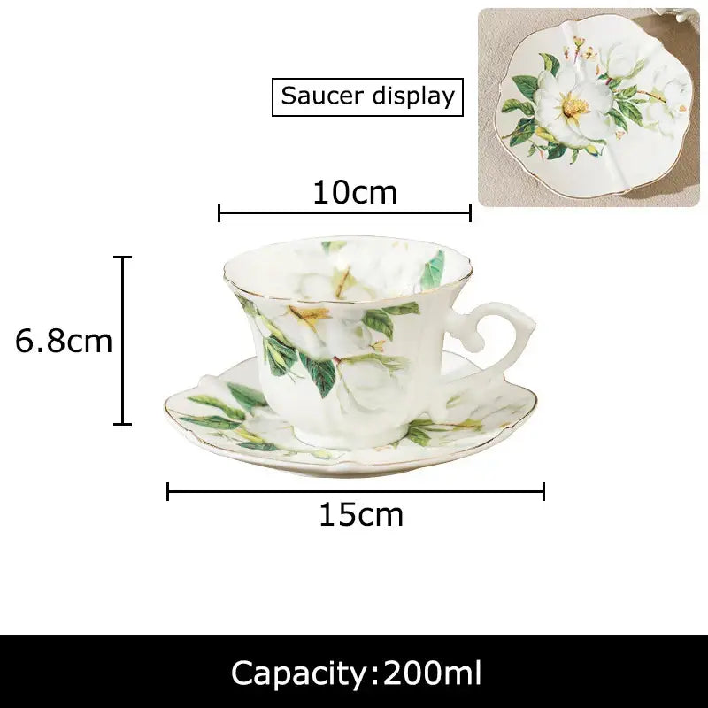 Elegant camellia porcelain cup and saucer set with white roses gold rim made of decorbites camellia porcelain
