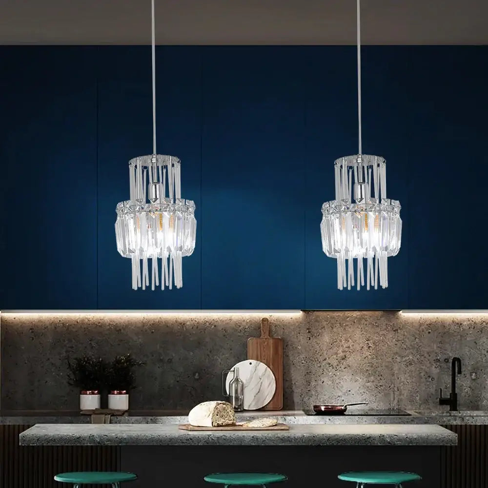 Two elegant decorbites crystal glass ceiling chandeliers with cascading clear glass prisms for dining room decor