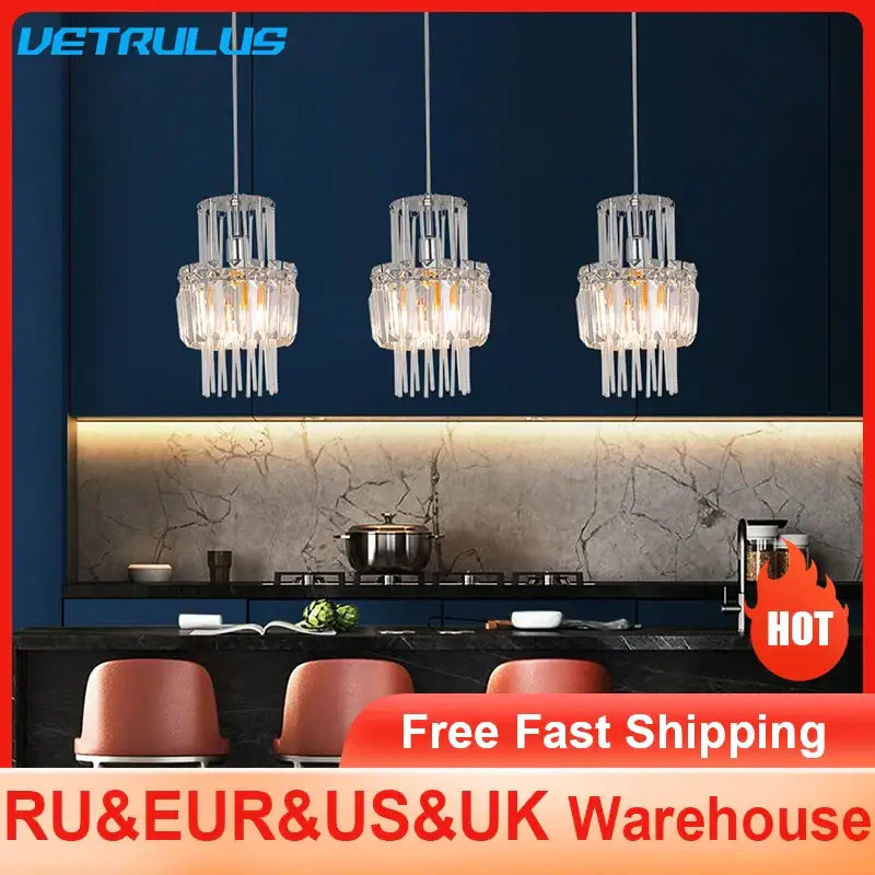 Three elegant crystal glass ceiling chandeliers with cascading clear glass prisms for dining room decorbites crystal glass
