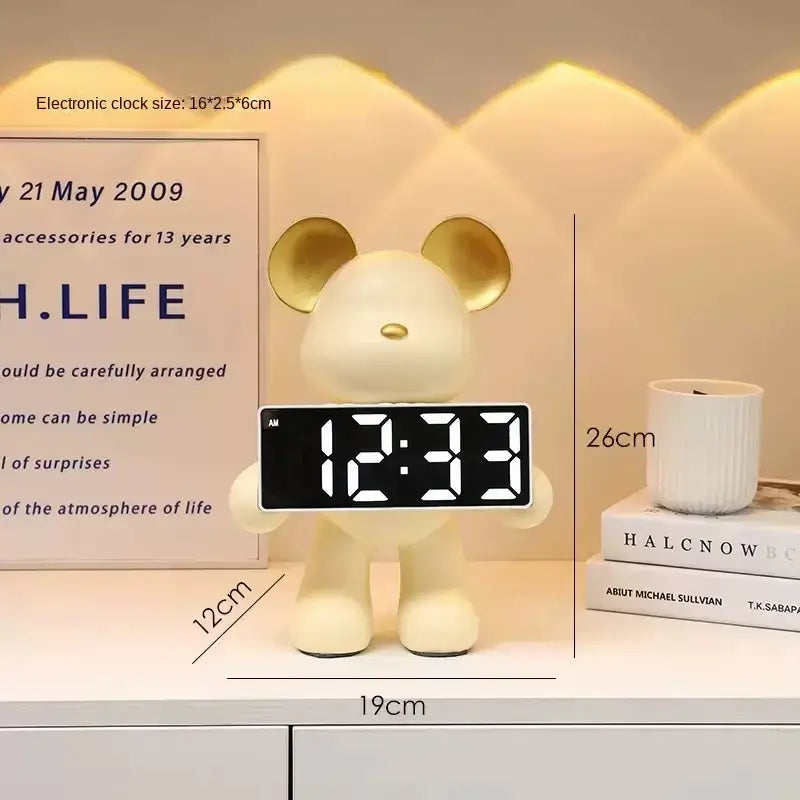 Elegant chrome cream-colored bear clock ornament with gold ears and digital display showing 12:33 for living room decor