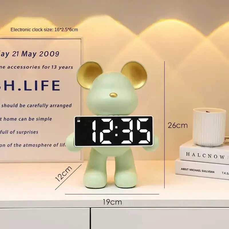 Elegant mint green bear clock ornament with gold ears and digital display showing 12 35 for living room decor