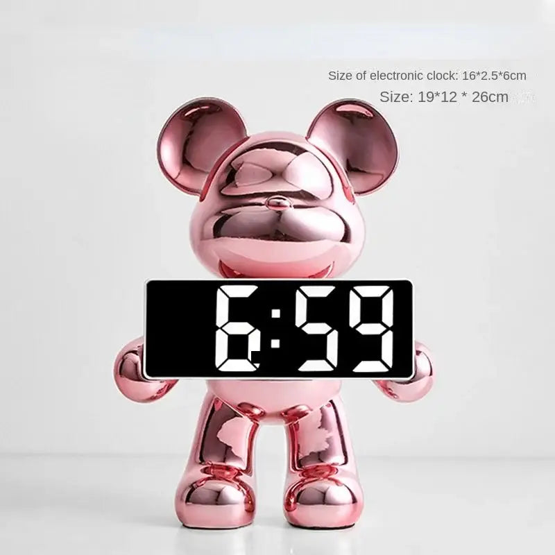 Elegant pink metallic mickey mouse bear clock ornament with digital display for living room decor