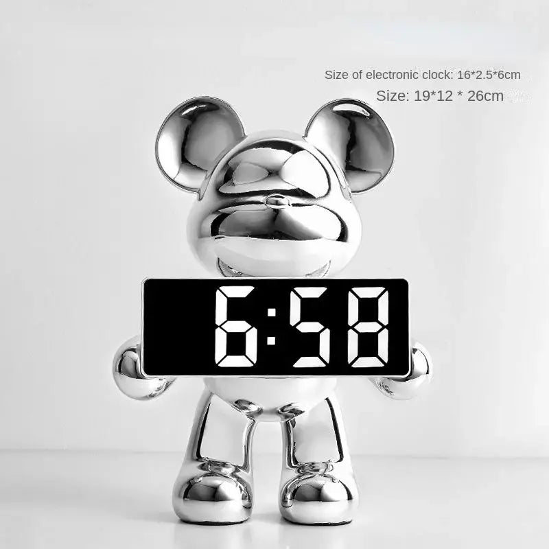 Elegant chrome bear clock ornament with shiny silver metallic finish and black digital display showing 6 58
