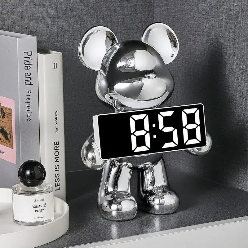 Shiny chrome-plated bear clock ornament with a black digital display showing white numerals for living room decor