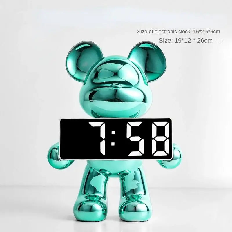 Teal metallic bear clock ornament with black digital display showing 7 58 for elegant living room décor