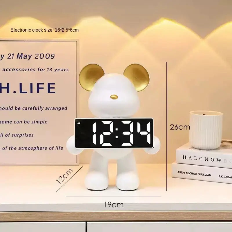 Elegant white ceramic bear clock ornament with gold ears and nose featuring a digital display for living room decor