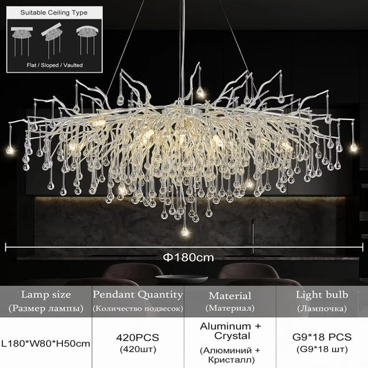 Elegant Chrome Crystal Chandelier for Living Room - Long 180cm / gold color / warm light 3000k - Chandelier