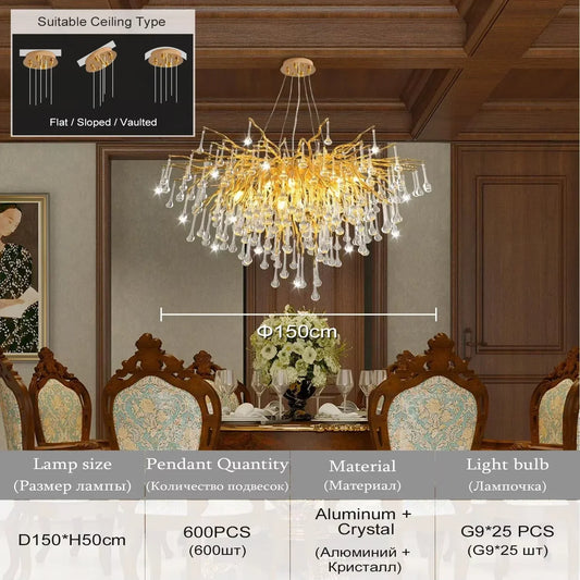Elegant Chrome Crystal Chandelier for Living Room - Round 150cm / gold color / warm light 3000k - Chandelier