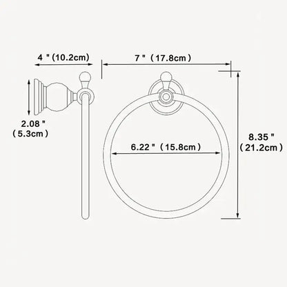 Brass-finished towel holder with a classic ornate design and circular loop for bathroom decorbites crystal towel holder