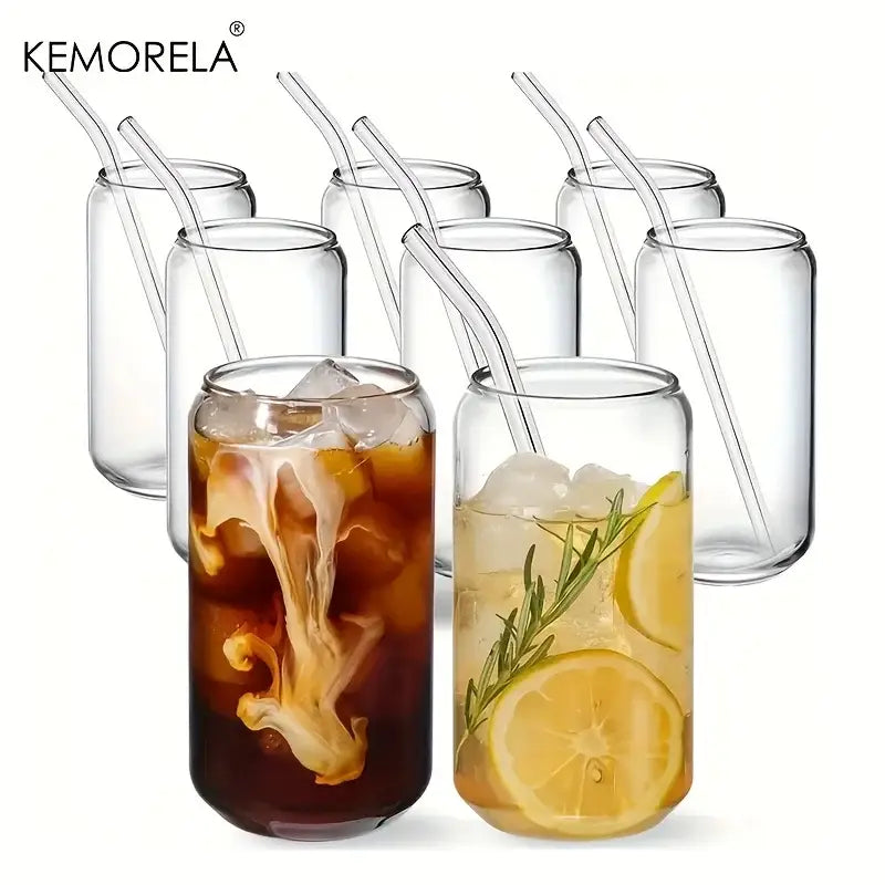 Elegant clear glass bubble tea cup set with bamboo lid featuring kemorela clear glass soda cans and transparent straws