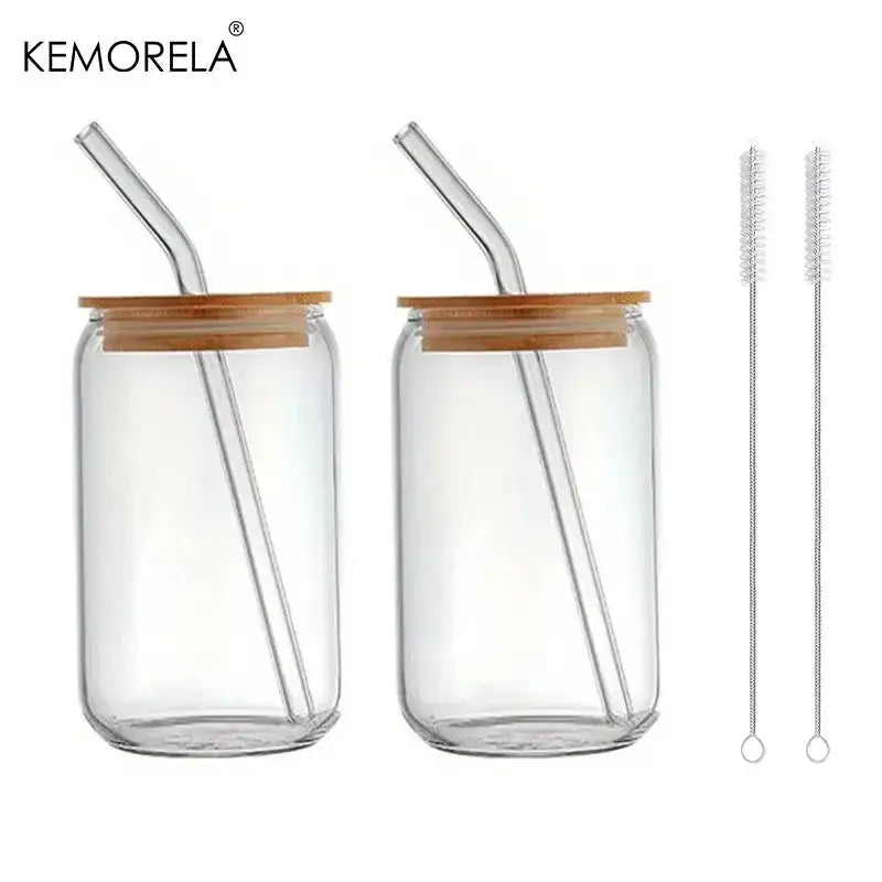 Elegant clear glass bubble tea cup set with bamboo lids and curved straws by kemorela for decorbites glass bubble tea